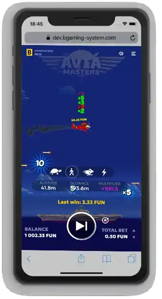 Avia Masters mobiel spel met rood vliegtuig, vermenigvuldiger en winstaanduiding